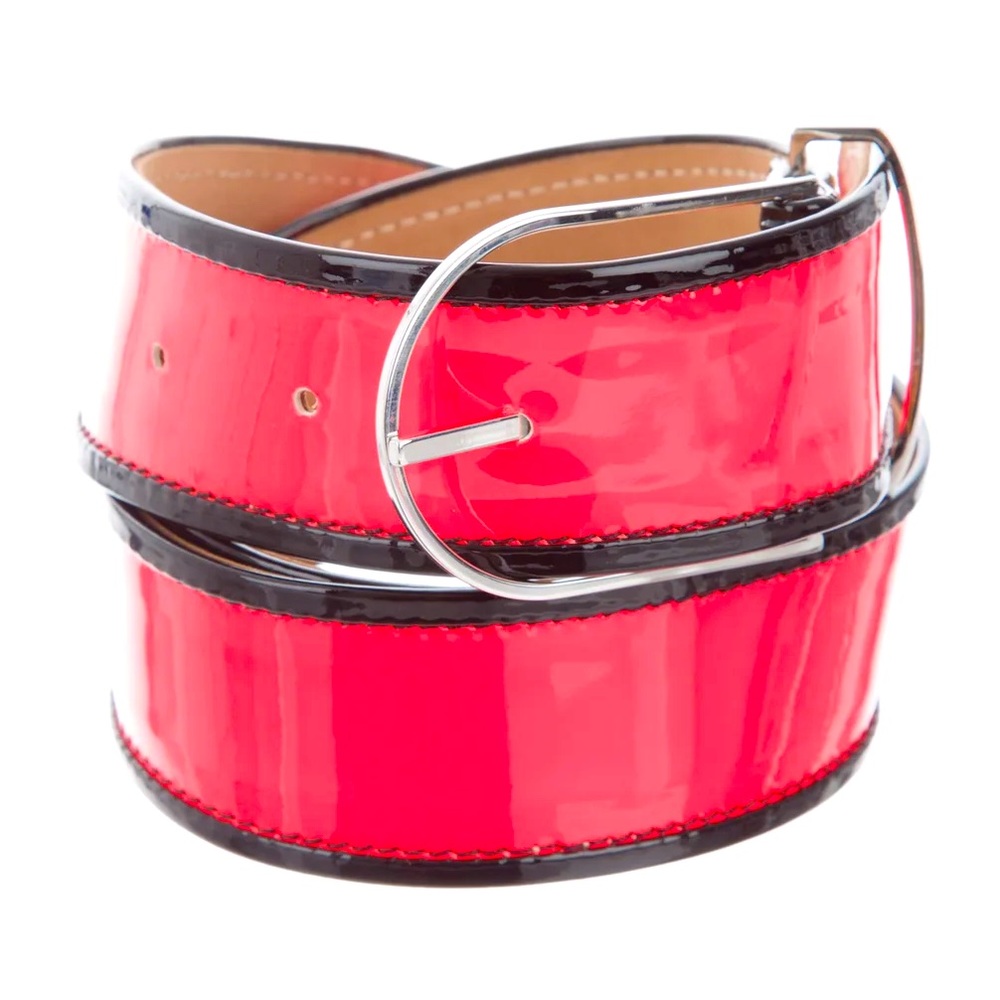 TANYA TAYLOR Patent Leather Neon Orange Belt w/ Silver Buckle Black Trim Size: M